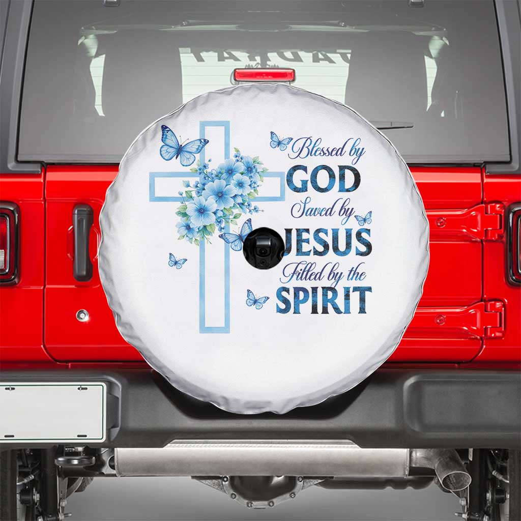 Christian Jesus Spare Tire Cover Blessed By God Saved By Jesus Blue Floral Cross Butterfly Art