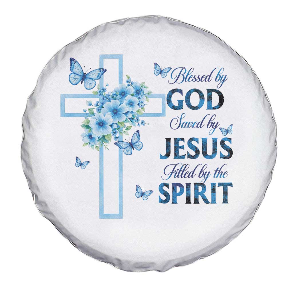 Christian Jesus Spare Tire Cover Blessed By God Saved By Jesus Blue Floral Cross Butterfly Art