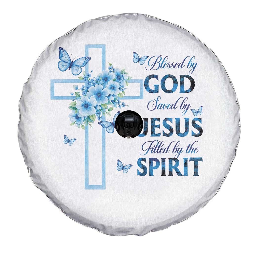 Christian Jesus Spare Tire Cover Blessed By God Saved By Jesus Blue Floral Cross Butterfly Art