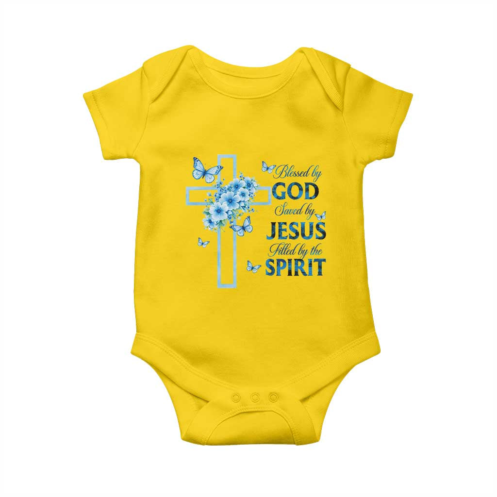 Christian Jesus Baby Onesie Blessed By God Saved By Jesus Blue Floral Cross Butterfly Art