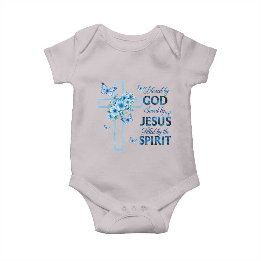 Christian Jesus Baby Onesie Blessed By God Saved By Jesus Blue Floral Cross Butterfly Art