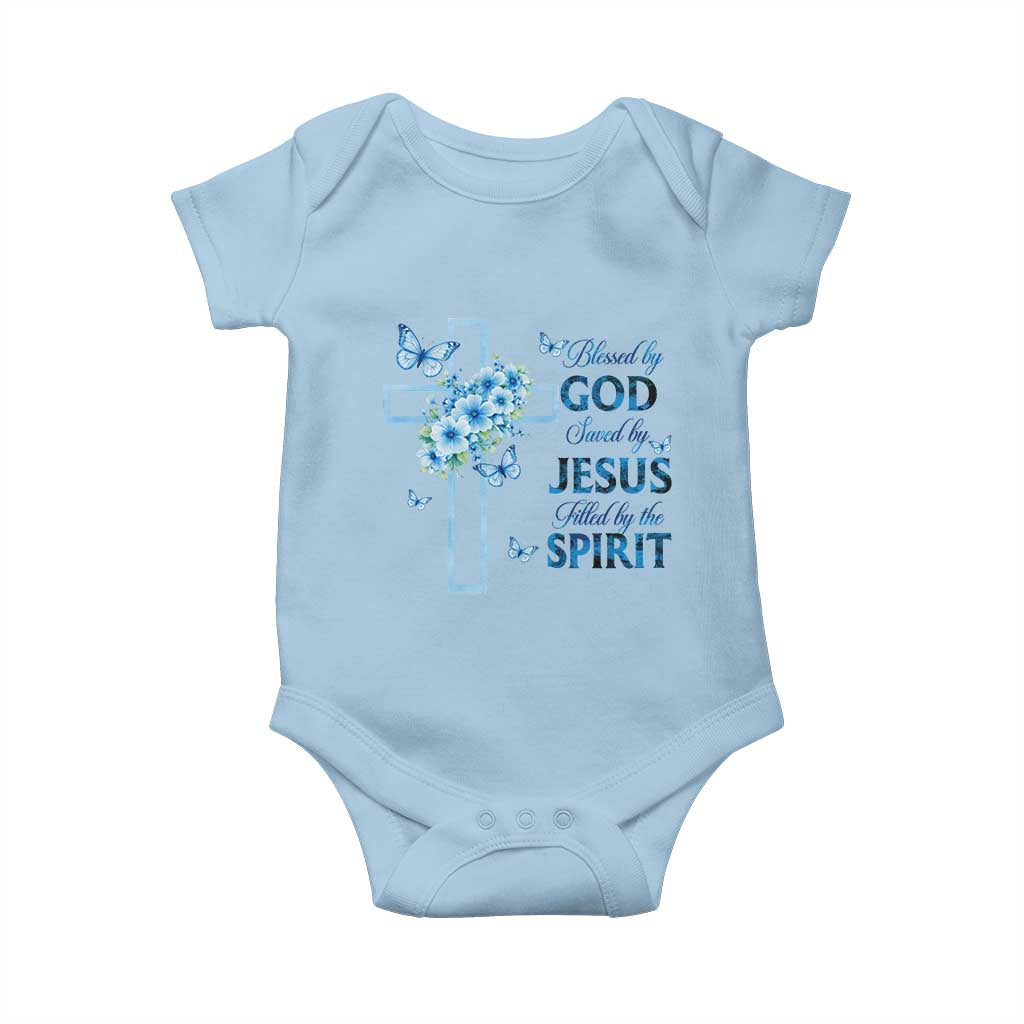 Christian Jesus Baby Onesie Blessed By God Saved By Jesus Blue Floral Cross Butterfly Art