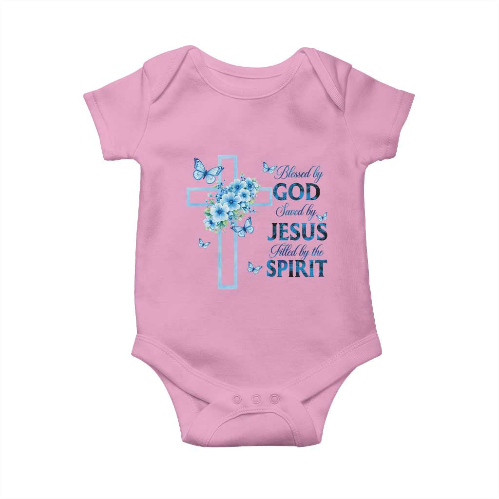 Christian Jesus Baby Onesie Blessed By God Saved By Jesus Blue Floral Cross Butterfly Art