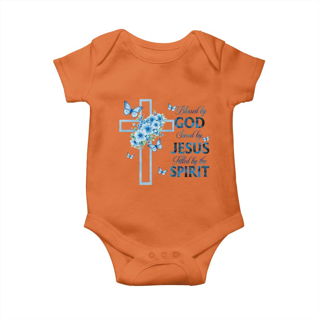 Christian Jesus Baby Onesie Blessed By God Saved By Jesus Blue Floral Cross Butterfly Art