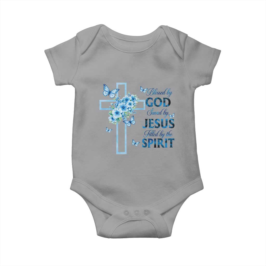 Christian Jesus Baby Onesie Blessed By God Saved By Jesus Blue Floral Cross Butterfly Art