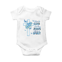 Christian Jesus Baby Onesie Blessed By God Saved By Jesus Blue Floral Cross Butterfly Art