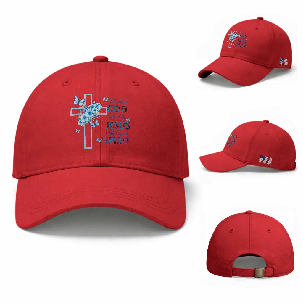 Christian Jesus Baseball Cap Blessed By God Saved By Jesus Blue Floral Cross Butterfly Art