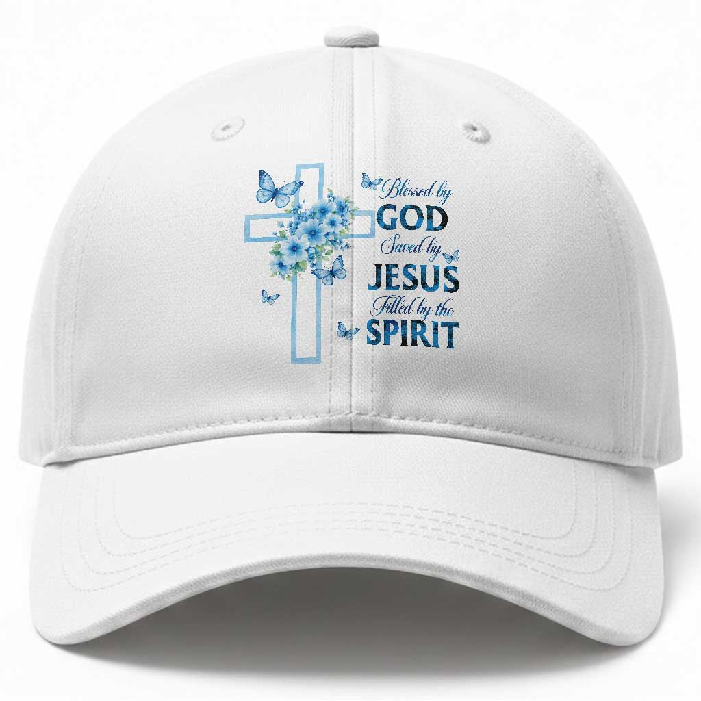 Christian Jesus Baseball Cap Blessed By God Saved By Jesus Blue Floral Cross Butterfly Art