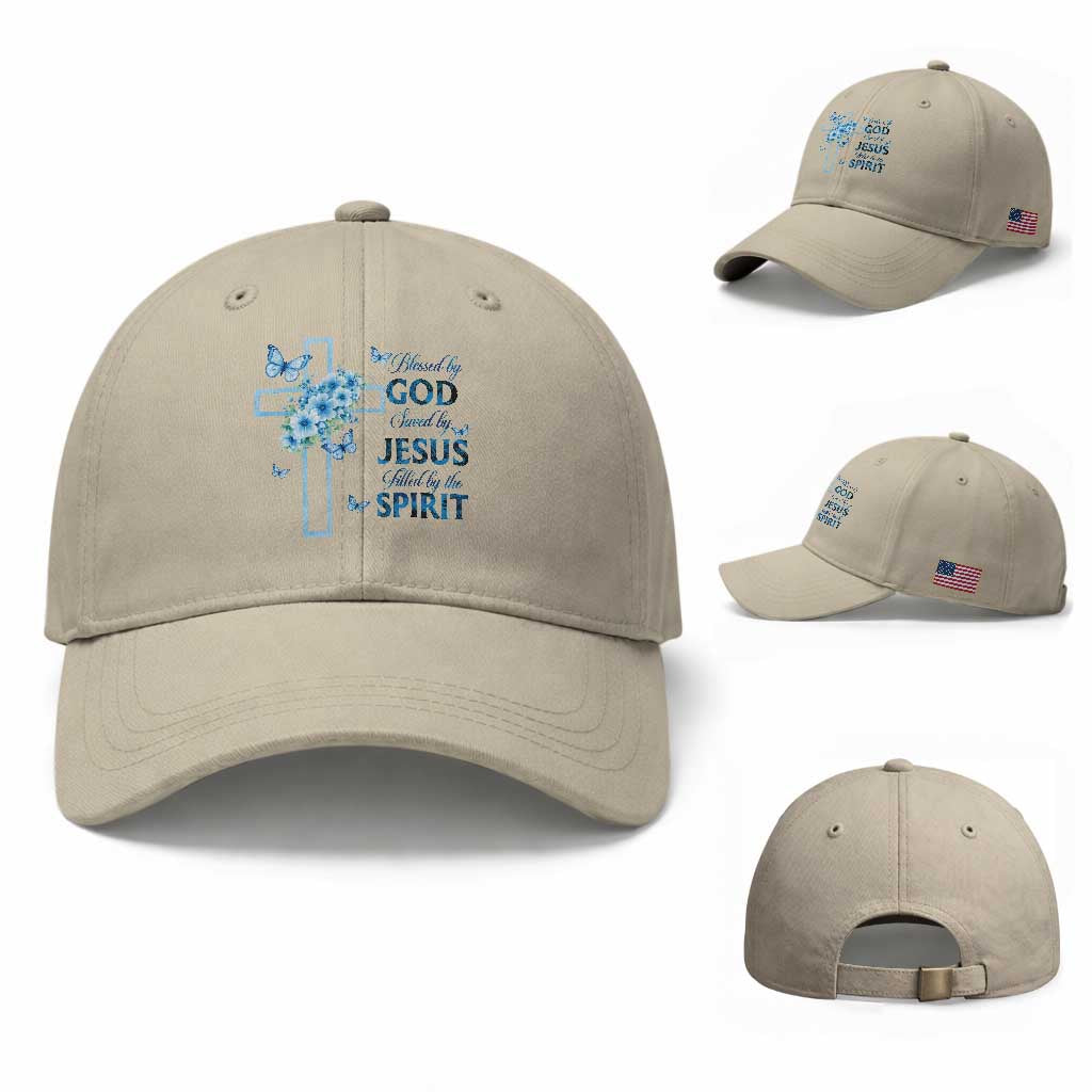 Christian Jesus Baseball Cap Blessed By God Saved By Jesus Blue Floral Cross Butterfly Art