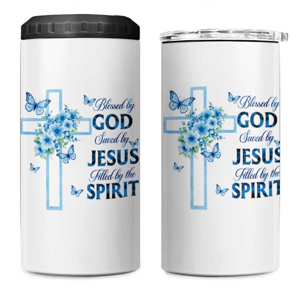Christian Jesus 4 in 1 Can Cooler Tumbler Blessed By God Saved By Jesus Blue Floral Cross Butterfly Art