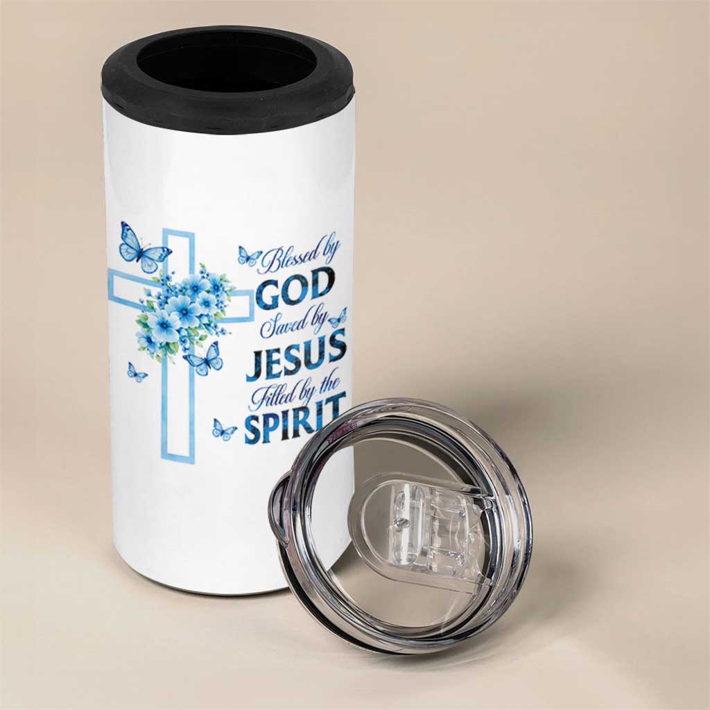Christian Jesus 4 in 1 Can Cooler Tumbler Blessed By God Saved By Jesus Blue Floral Cross Butterfly Art