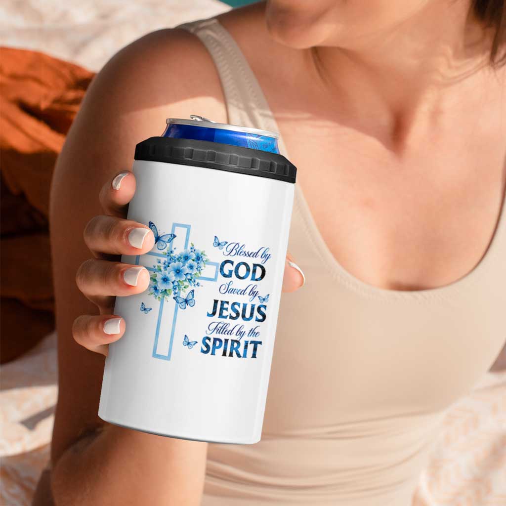 Christian Jesus 4 in 1 Can Cooler Tumbler Blessed By God Saved By Jesus Blue Floral Cross Butterfly Art