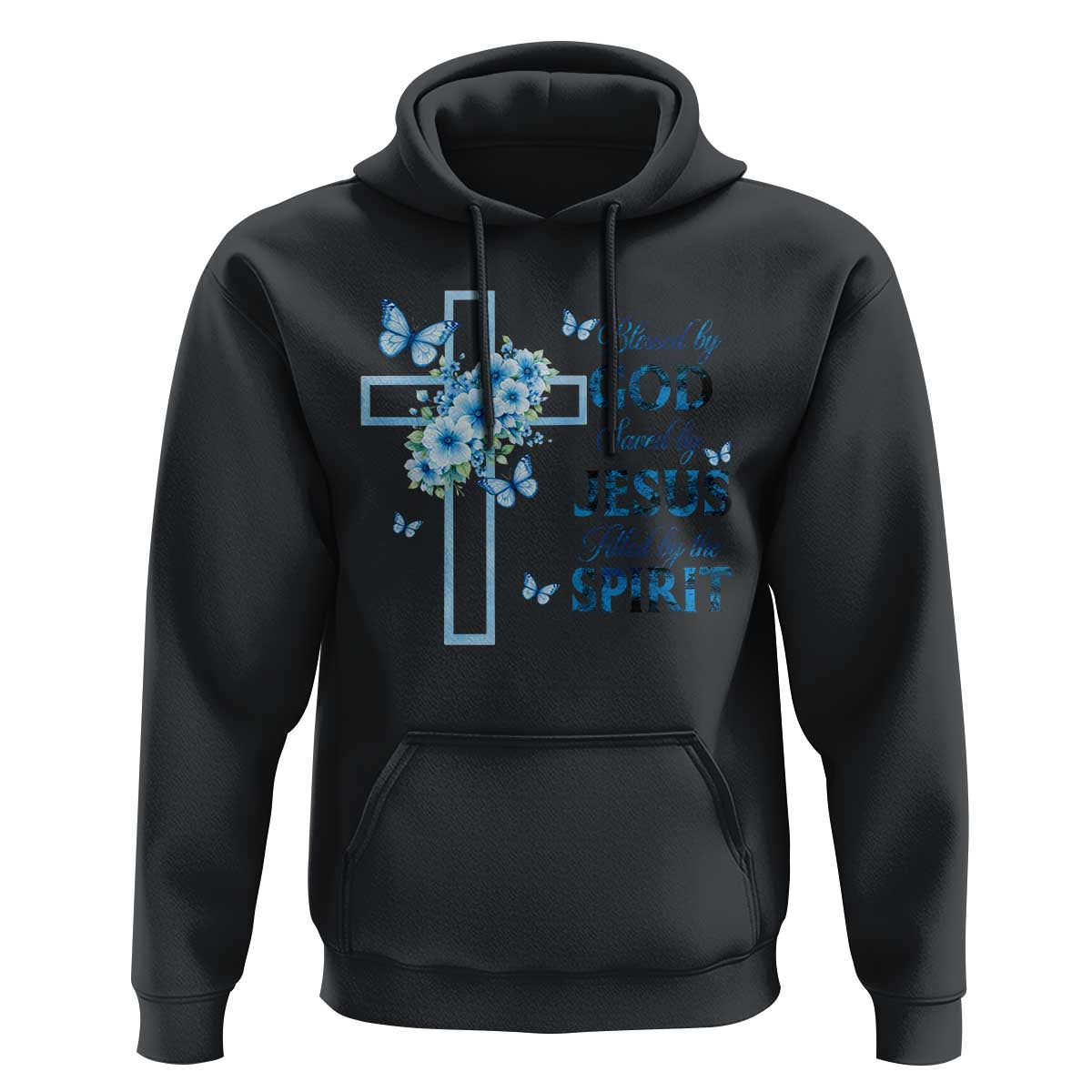 Christian Jesus Hoodie Blessed By God Saved By Jesus Blue Floral Cross Butterfly Art