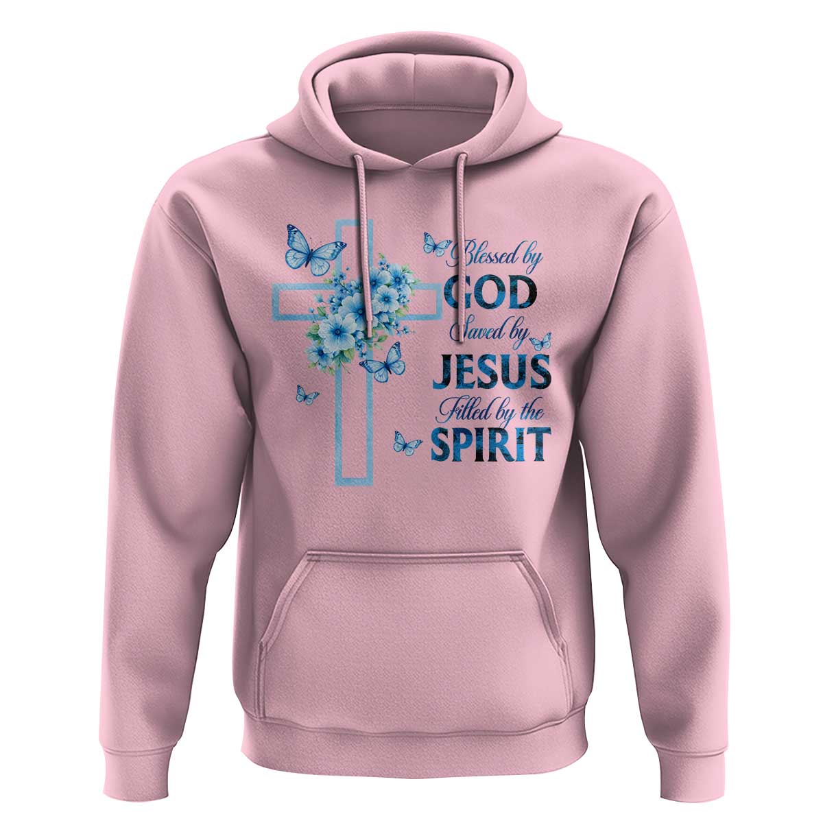 Christian Jesus Hoodie Blessed By God Saved By Jesus Blue Floral Cross Butterfly Art