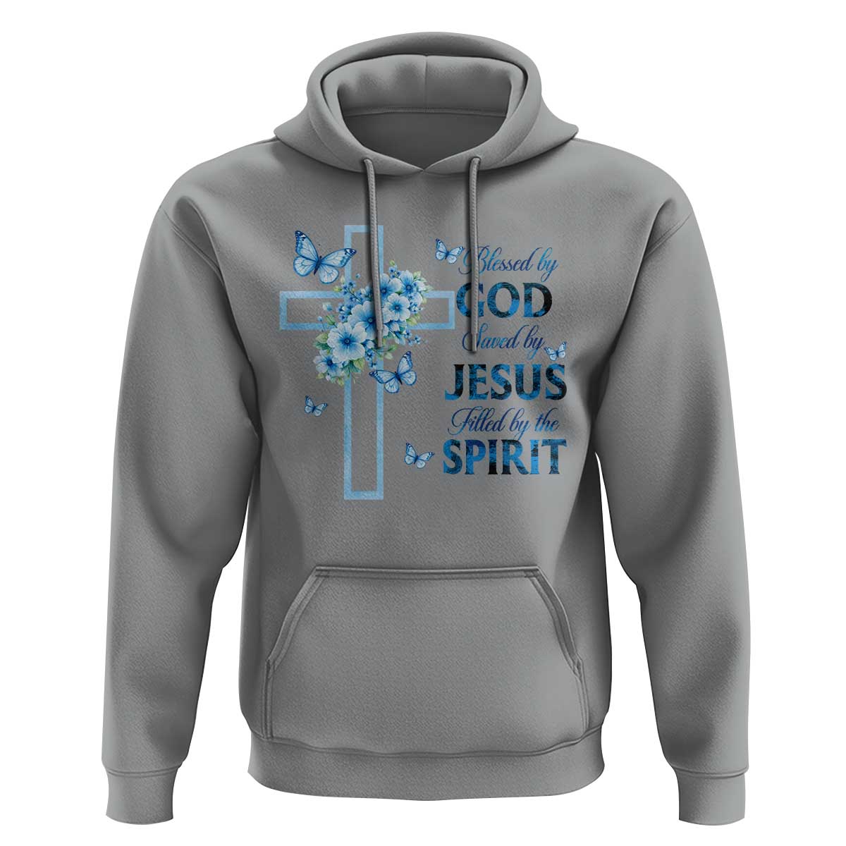 Christian Jesus Hoodie Blessed By God Saved By Jesus Blue Floral Cross Butterfly Art