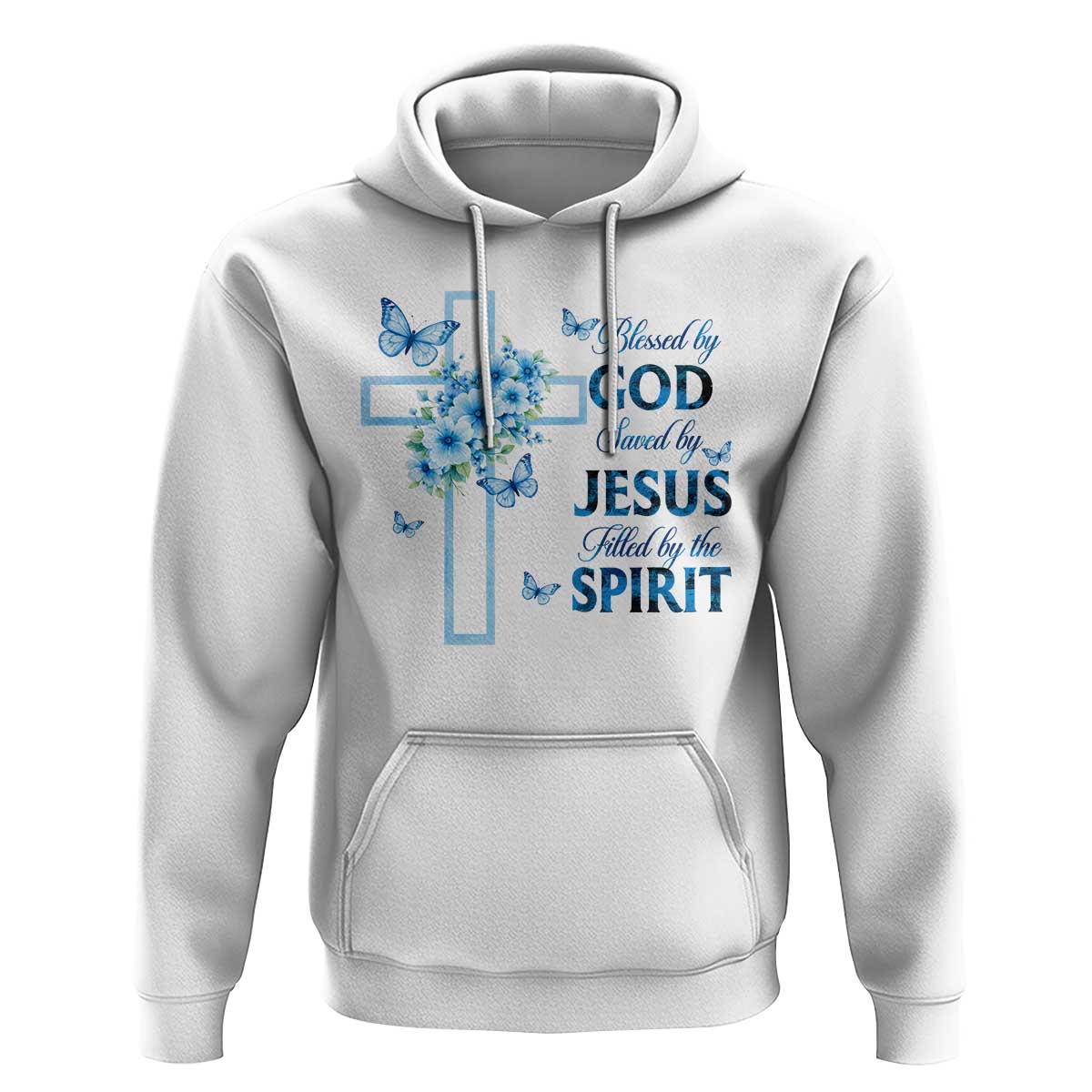Christian Jesus Hoodie Blessed By God Saved By Jesus Blue Floral Cross Butterfly Art