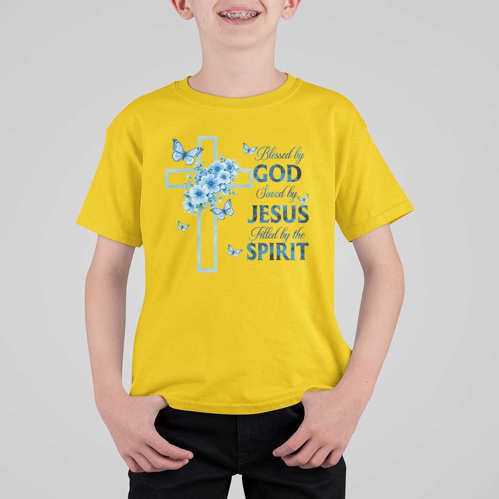 Christian Jesus T Shirt For Kid Blessed By God Saved By Jesus Blue Floral Cross Butterfly Art