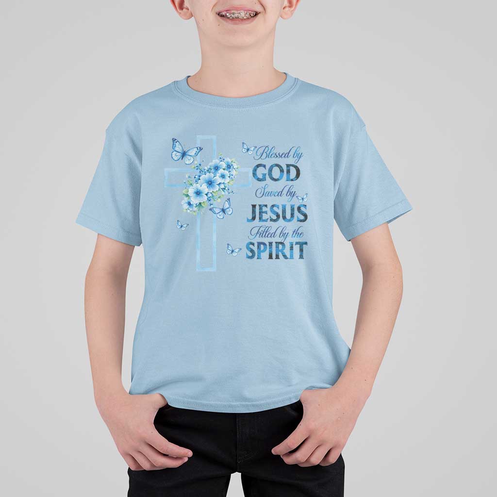 Christian Jesus T Shirt For Kid Blessed By God Saved By Jesus Blue Floral Cross Butterfly Art