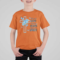 Christian Jesus T Shirt For Kid Blessed By God Saved By Jesus Blue Floral Cross Butterfly Art