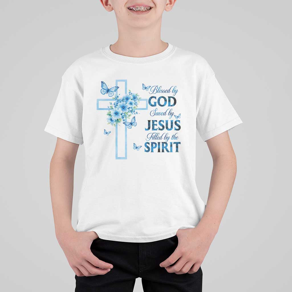 Christian Jesus T Shirt For Kid Blessed By God Saved By Jesus Blue Floral Cross Butterfly Art