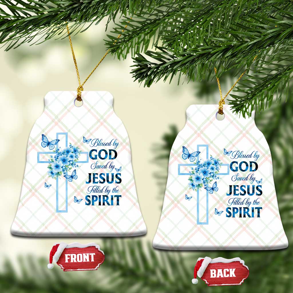 Christian Jesus Ceramic Ornament Blessed By God Saved By Jesus Blue Floral Cross Butterfly Art
