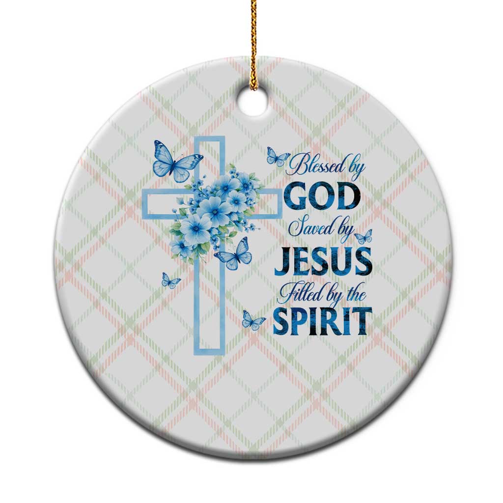 Christian Jesus Ceramic Ornament Blessed By God Saved By Jesus Blue Floral Cross Butterfly Art