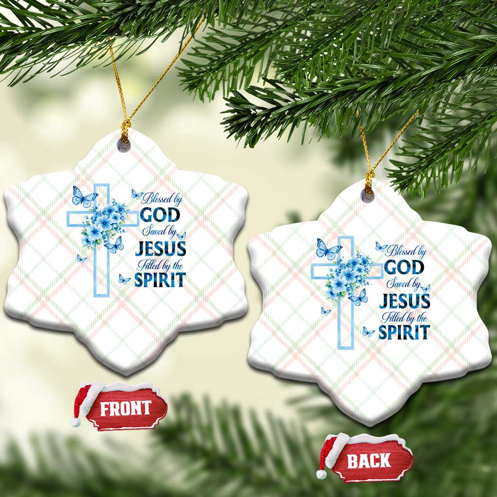 Christian Jesus Ceramic Ornament Blessed By God Saved By Jesus Blue Floral Cross Butterfly Art