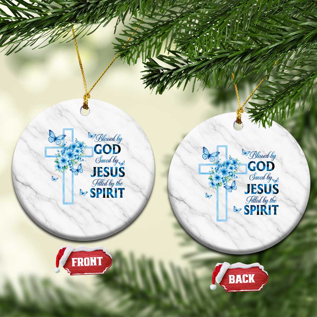 Christian Jesus Ceramic Ornament Blessed By God Saved By Jesus Blue Floral Cross Butterfly Art
