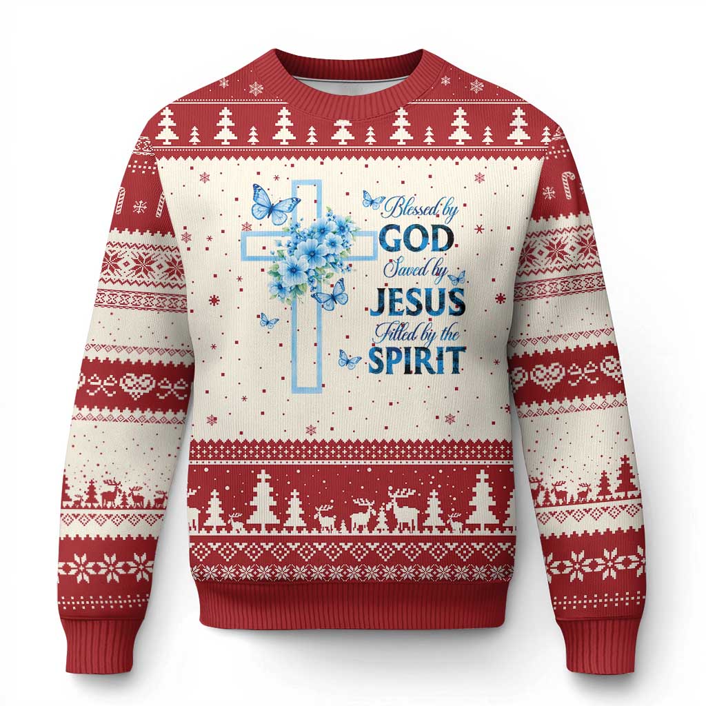 Christian Jesus Ugly Christmas Sweater Blessed By God Saved By Jesus Blue Floral Cross Butterfly Art