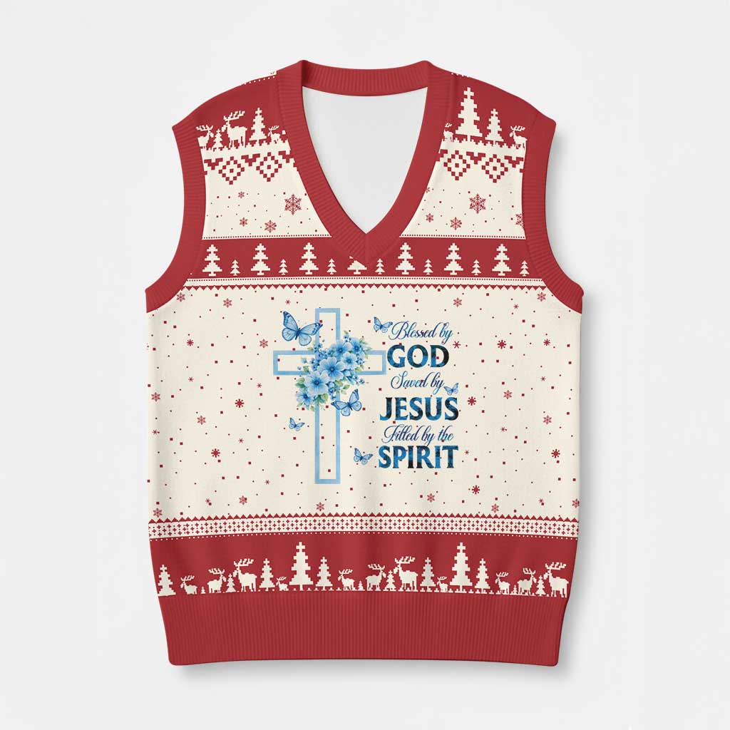 Christian Jesus V-Neck Knit Sweater Vest Blessed By God Saved By Jesus Blue Floral Cross Butterfly Art