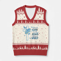 Christian Jesus V-Neck Knit Sweater Vest Blessed By God Saved By Jesus Blue Floral Cross Butterfly Art