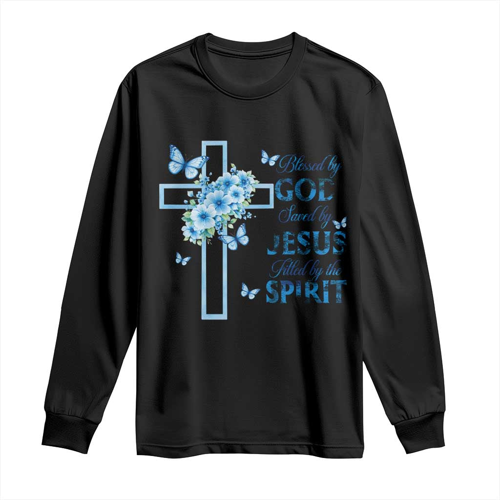 Christian Jesus Long Sleeve Shirt Blessed By God Saved By Jesus Blue Floral Cross Butterfly Art
