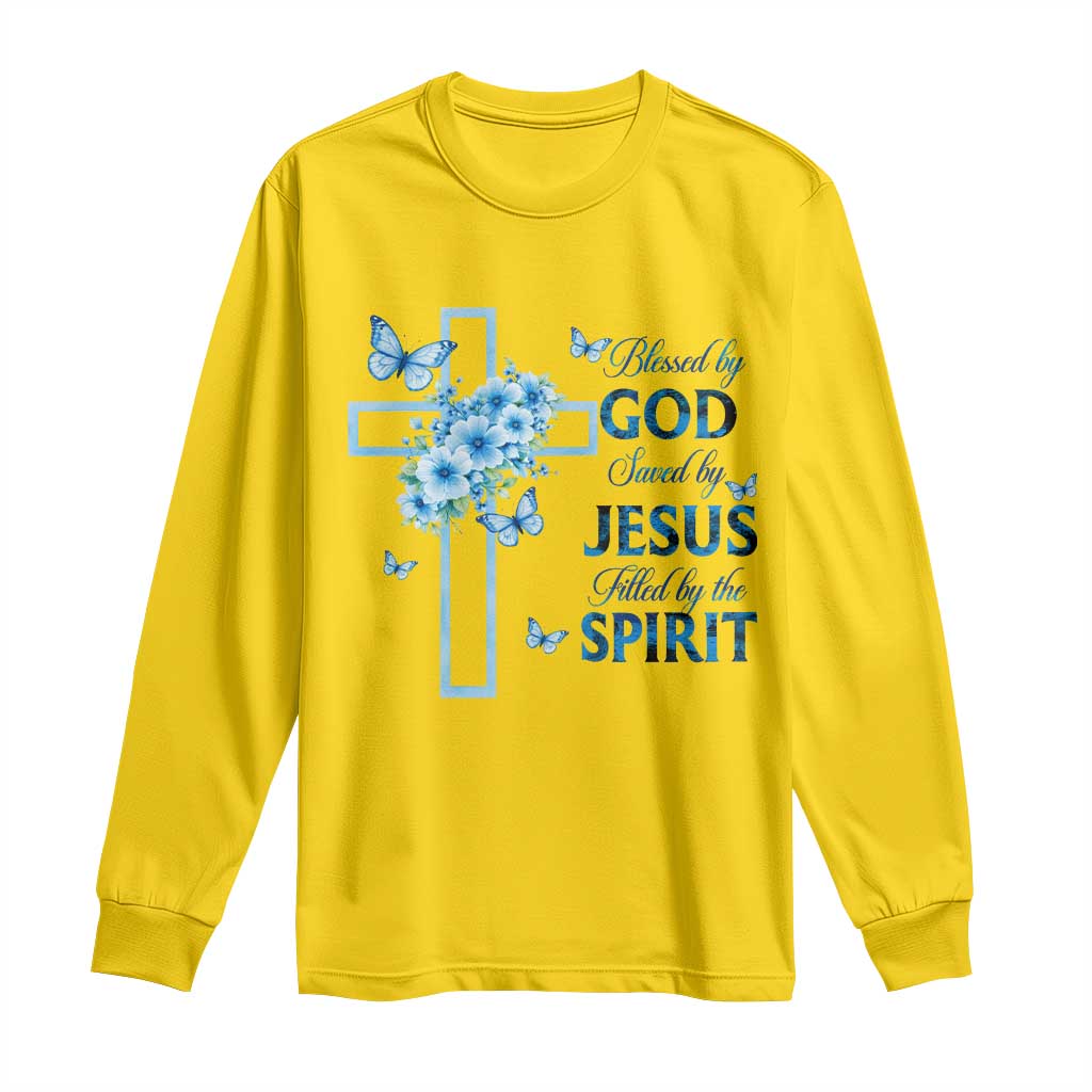 Christian Jesus Long Sleeve Shirt Blessed By God Saved By Jesus Blue Floral Cross Butterfly Art