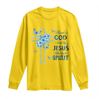Christian Jesus Long Sleeve Shirt Blessed By God Saved By Jesus Blue Floral Cross Butterfly Art