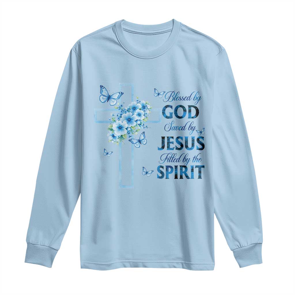 Christian Jesus Long Sleeve Shirt Blessed By God Saved By Jesus Blue Floral Cross Butterfly Art