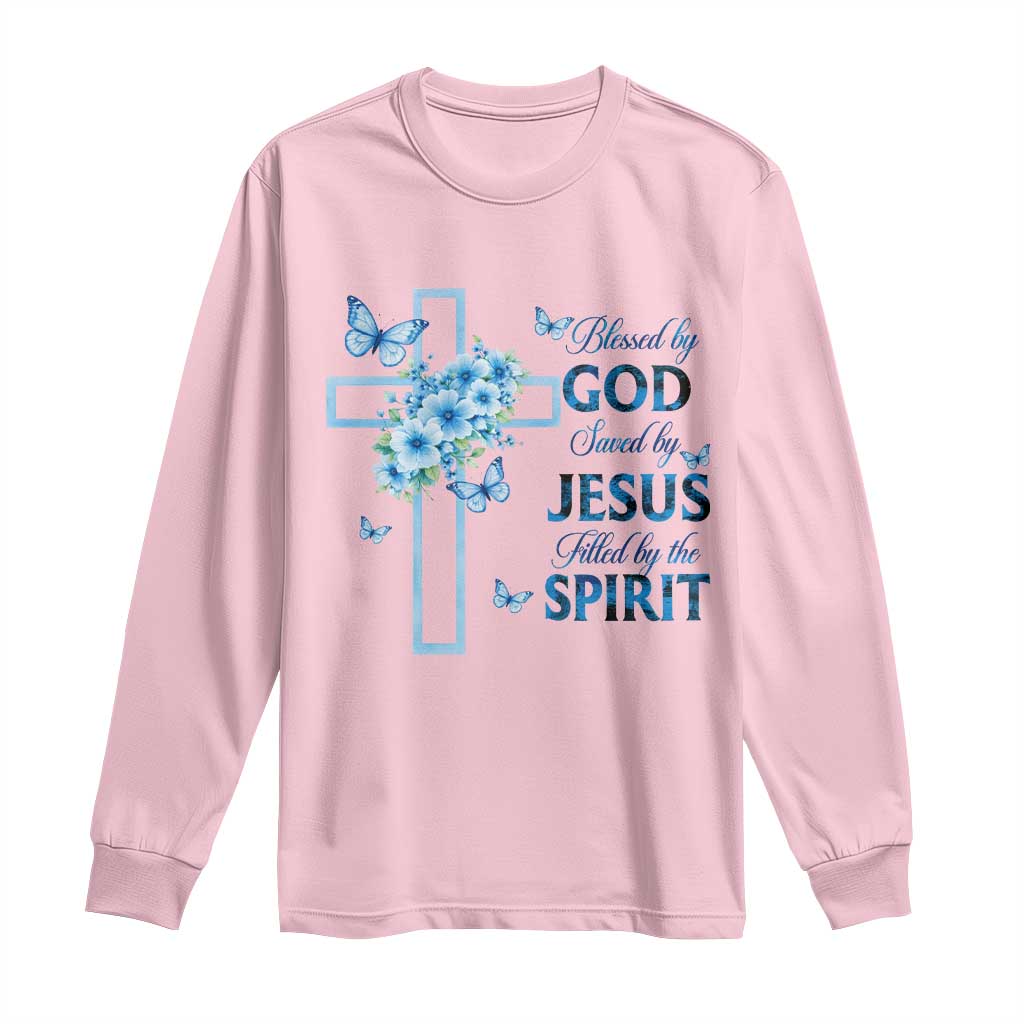 Christian Jesus Long Sleeve Shirt Blessed By God Saved By Jesus Blue Floral Cross Butterfly Art