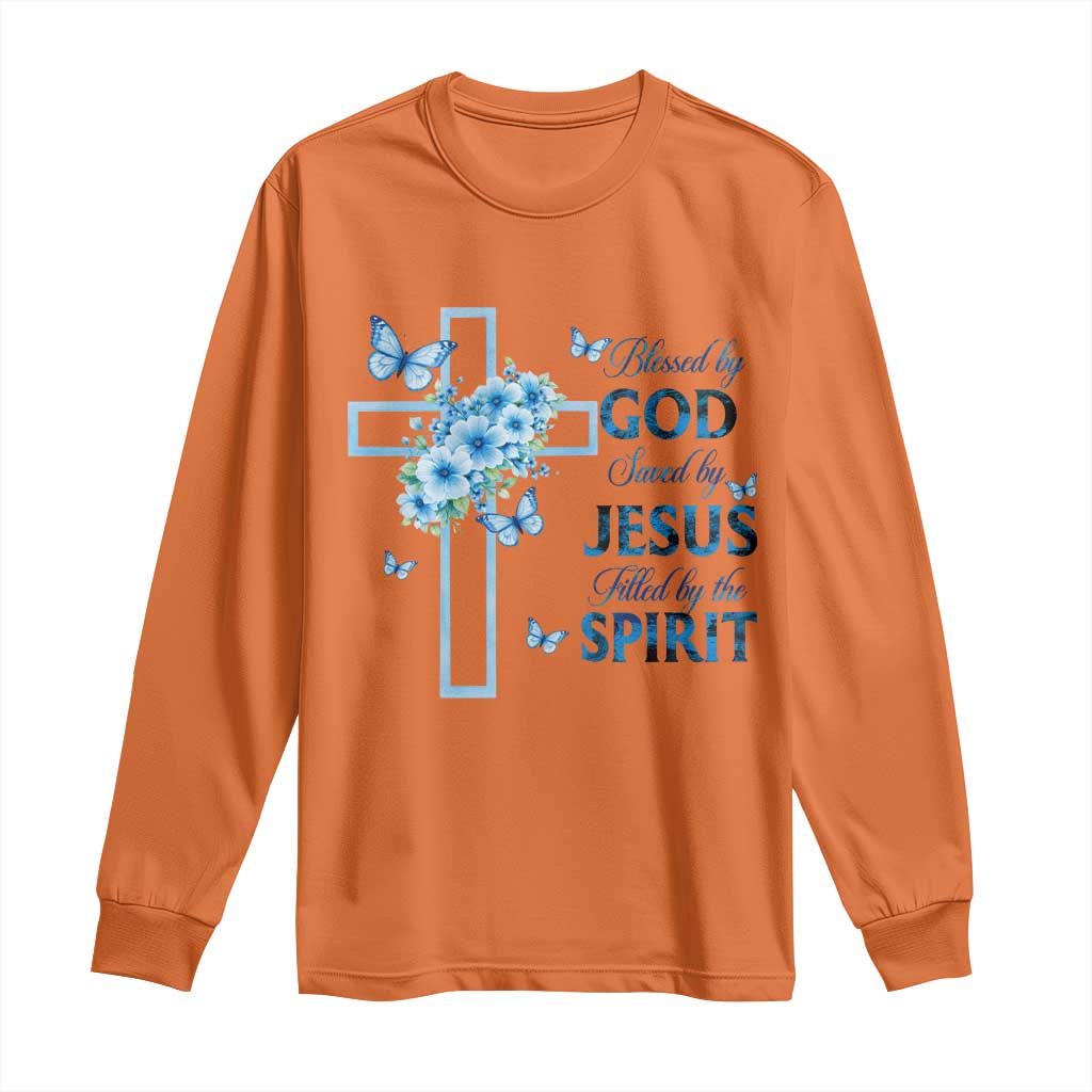 Christian Jesus Long Sleeve Shirt Blessed By God Saved By Jesus Blue Floral Cross Butterfly Art