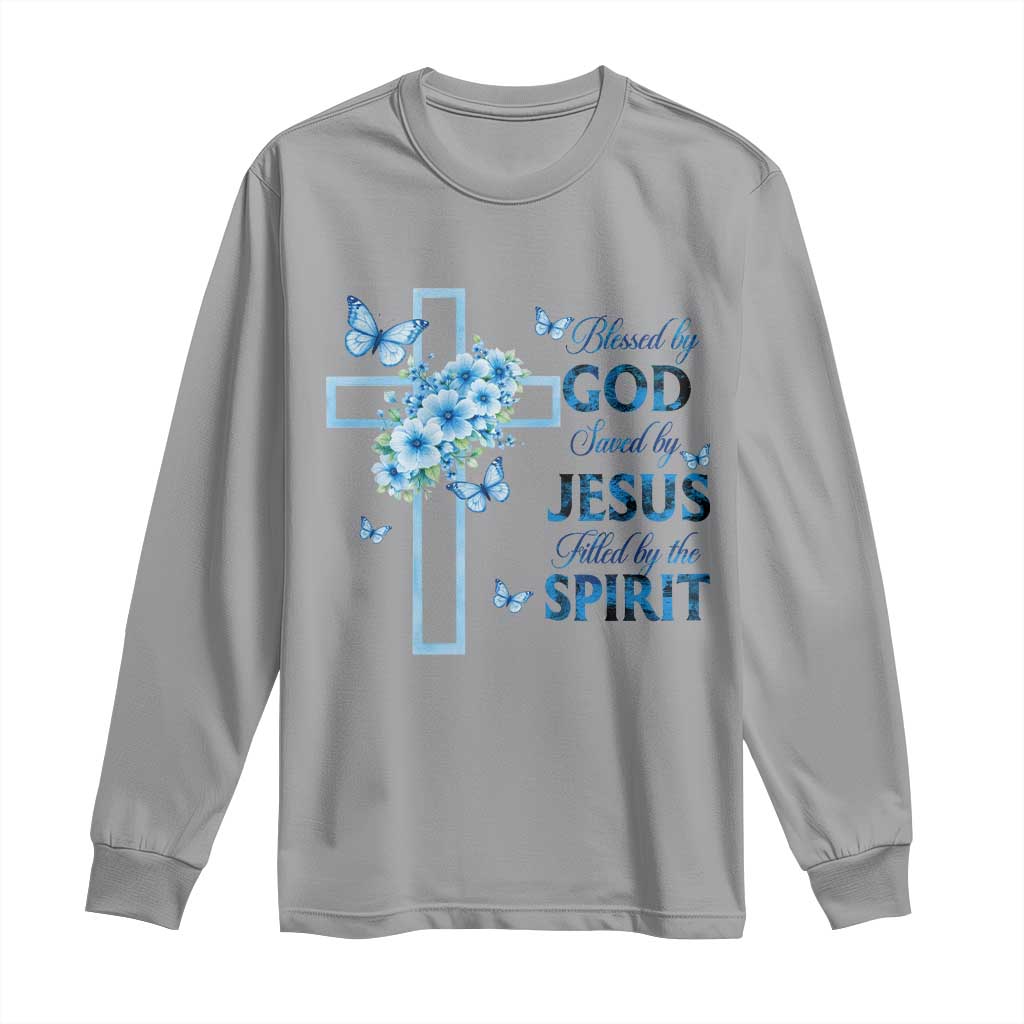 Christian Jesus Long Sleeve Shirt Blessed By God Saved By Jesus Blue Floral Cross Butterfly Art