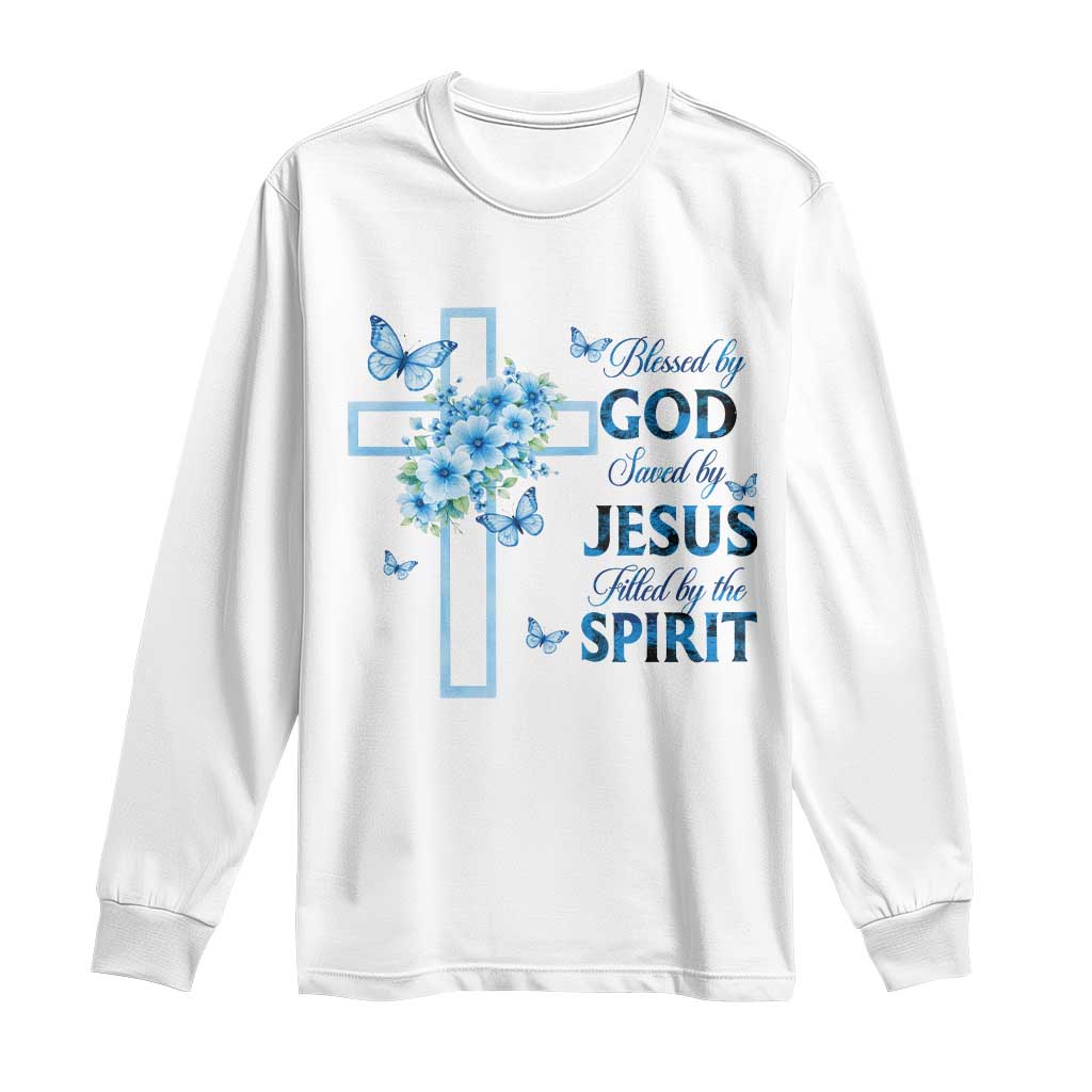 Christian Jesus Long Sleeve Shirt Blessed By God Saved By Jesus Blue Floral Cross Butterfly Art