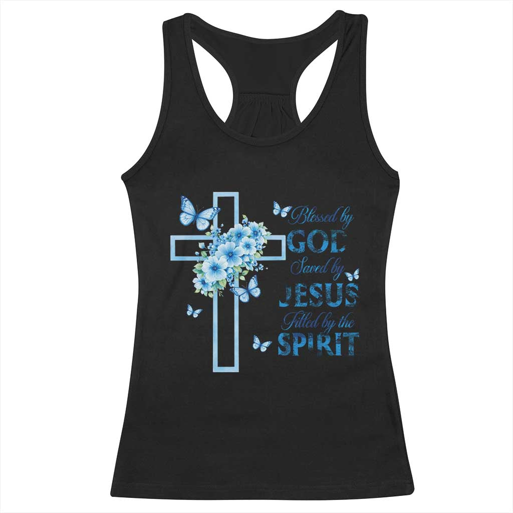 Christian Jesus Racerback Tank Top Blessed By God Saved By Jesus Blue Floral Cross Butterfly Art