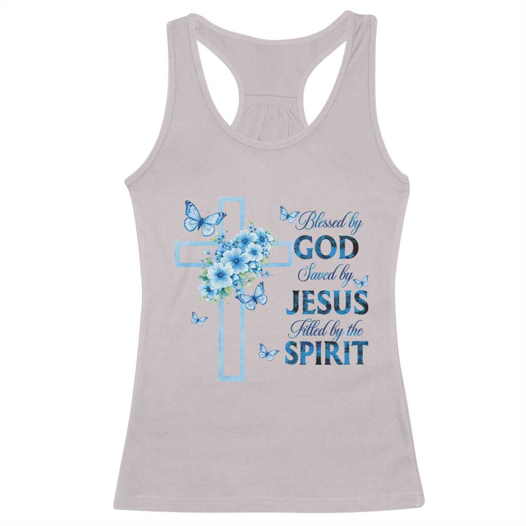 Christian Jesus Racerback Tank Top Blessed By God Saved By Jesus Blue Floral Cross Butterfly Art