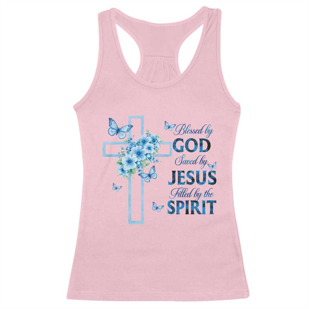 Christian Jesus Racerback Tank Top Blessed By God Saved By Jesus Blue Floral Cross Butterfly Art