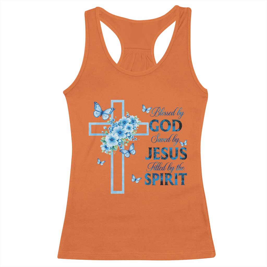 Christian Jesus Racerback Tank Top Blessed By God Saved By Jesus Blue Floral Cross Butterfly Art