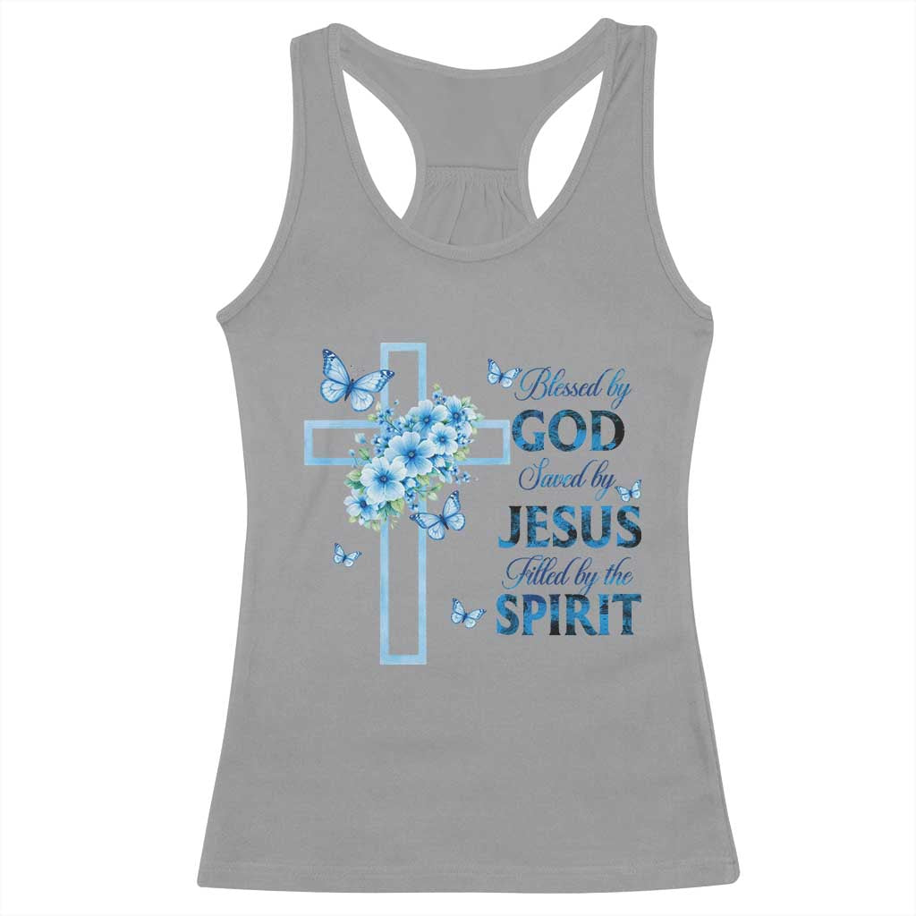 Christian Jesus Racerback Tank Top Blessed By God Saved By Jesus Blue Floral Cross Butterfly Art