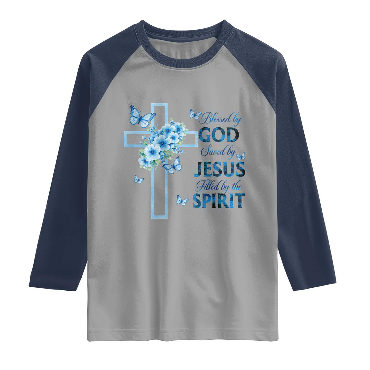 Christian Jesus Raglan Shirt Blessed By God Saved By Jesus Blue Floral Cross Butterfly Art