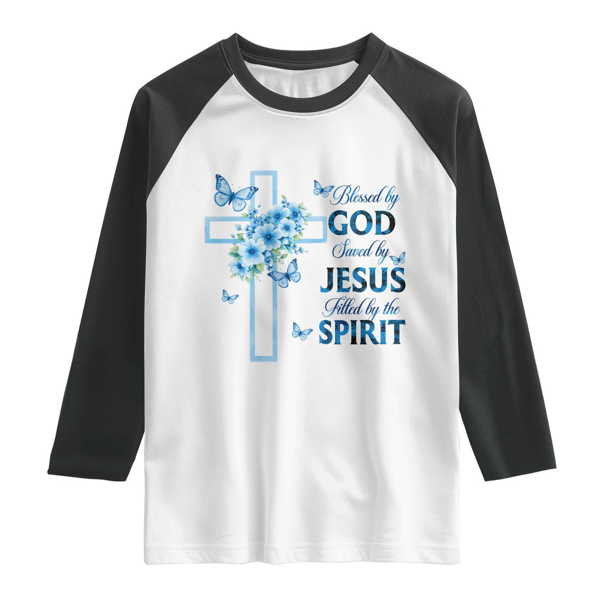 Christian Jesus Raglan Shirt Blessed By God Saved By Jesus Blue Floral Cross Butterfly Art