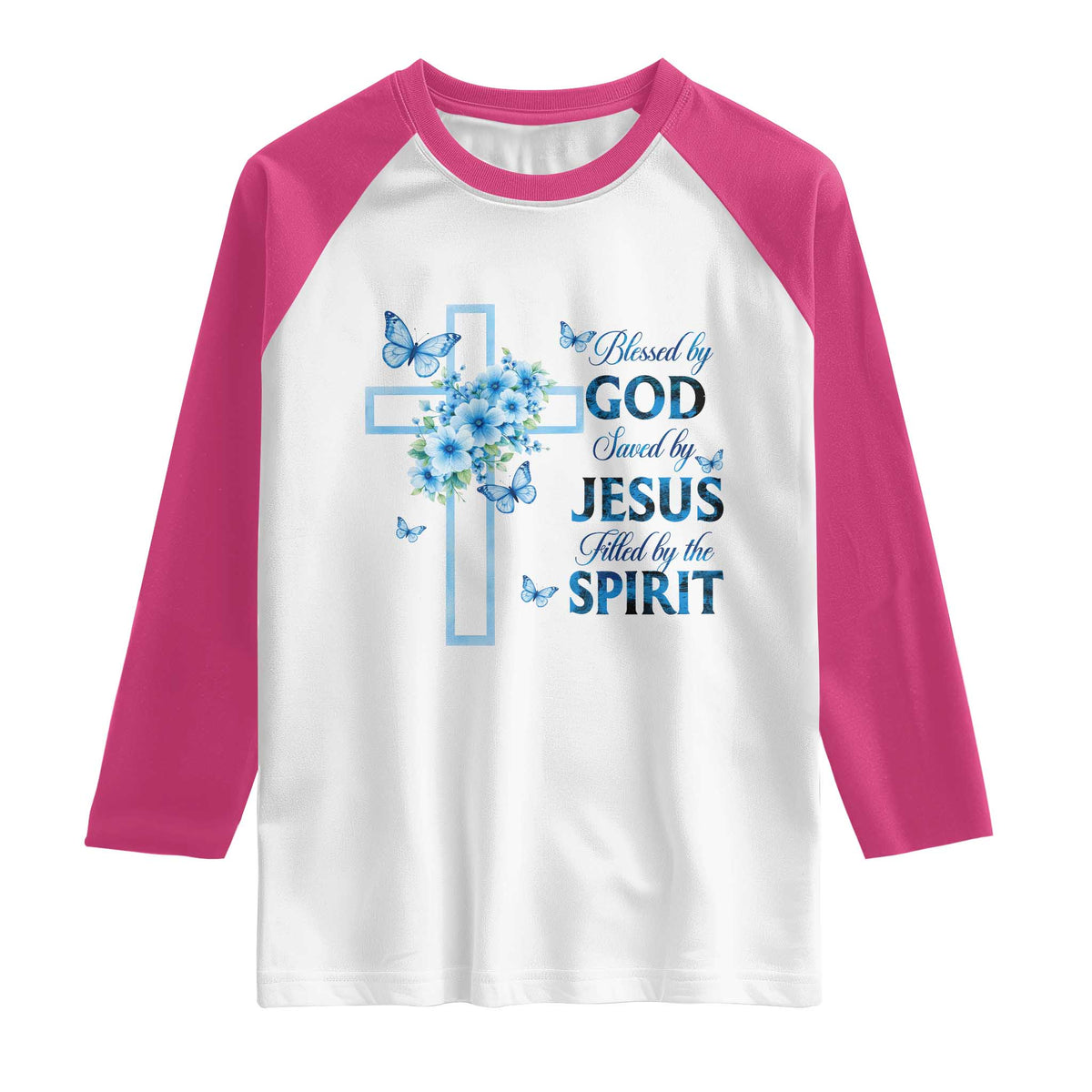 Christian Jesus Raglan Shirt Blessed By God Saved By Jesus Blue Floral Cross Butterfly Art
