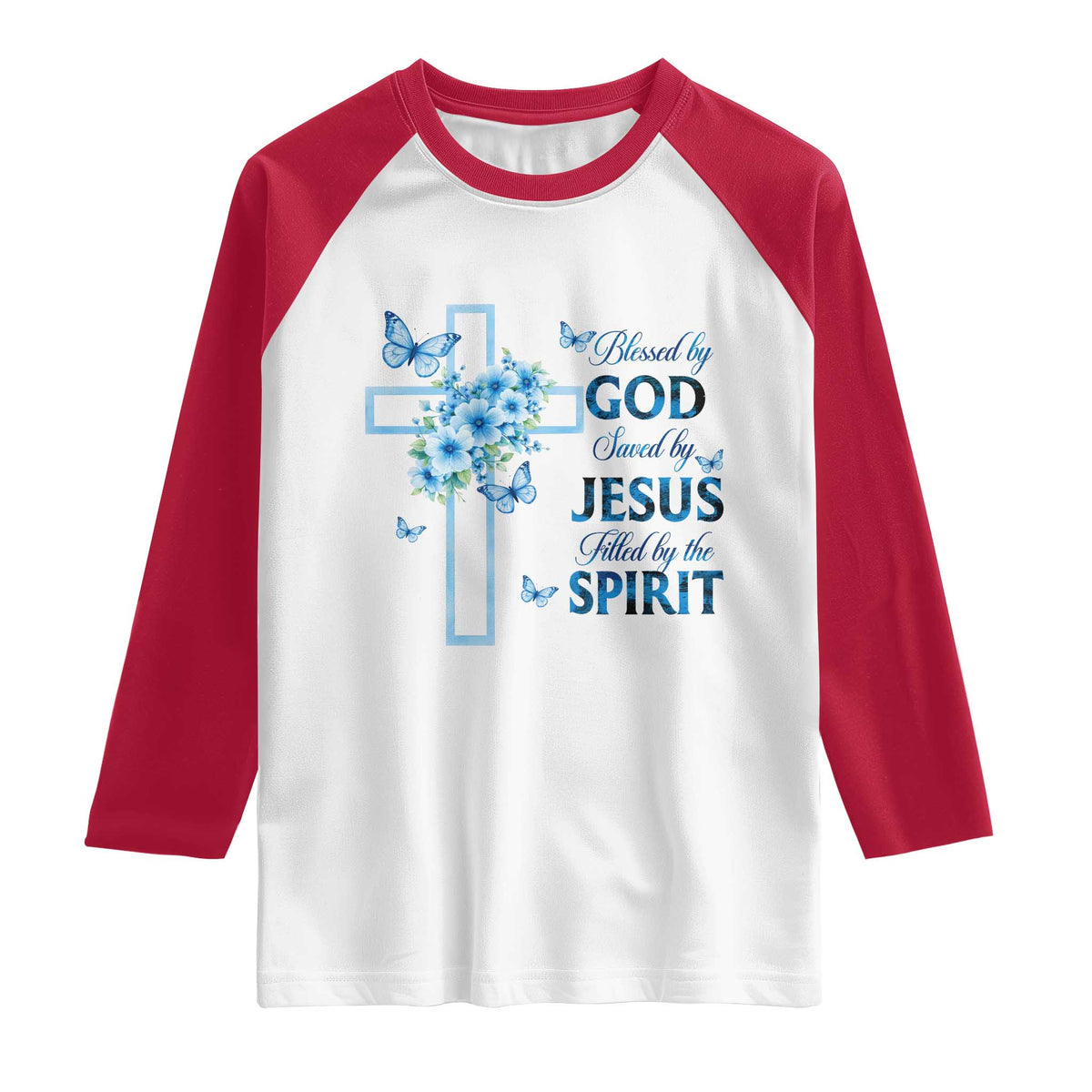 Christian Jesus Raglan Shirt Blessed By God Saved By Jesus Blue Floral Cross Butterfly Art
