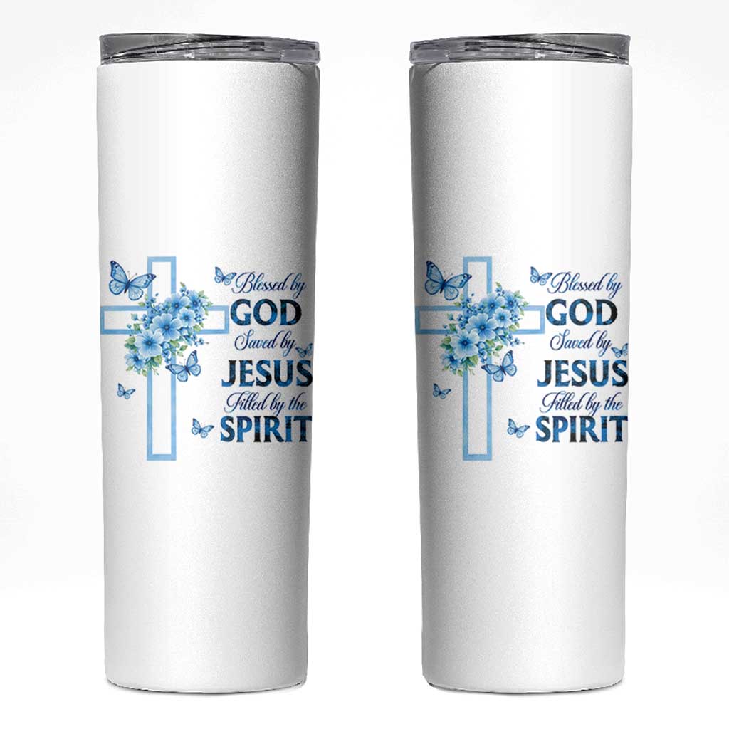 Christian Jesus Skinny Tumbler Blessed By God Saved By Jesus Blue Floral Cross Butterfly Art