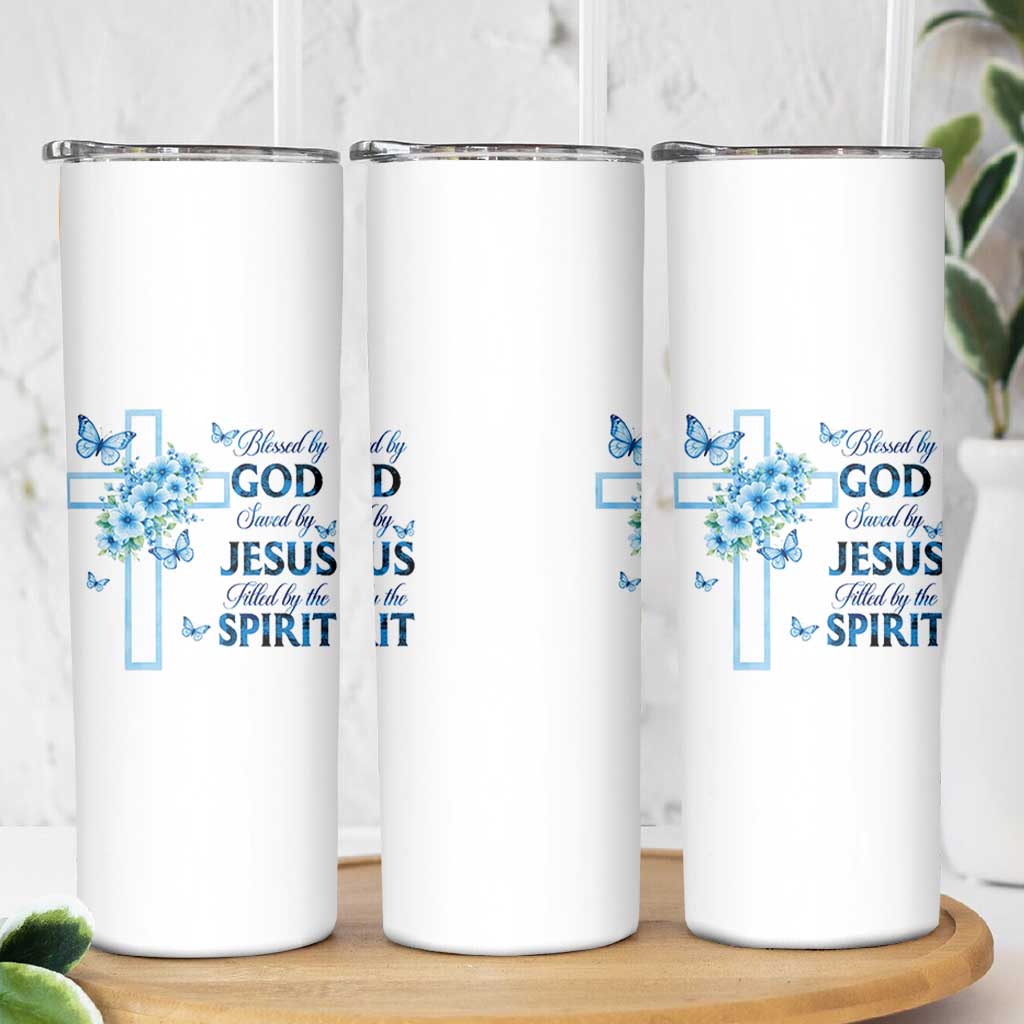Christian Jesus Skinny Tumbler Blessed By God Saved By Jesus Blue Floral Cross Butterfly Art